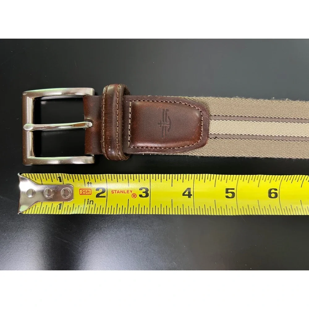 Dockers Mens Brown Leather Tan Canvas Webbed Belt Silver Buckle 44 11DK0239